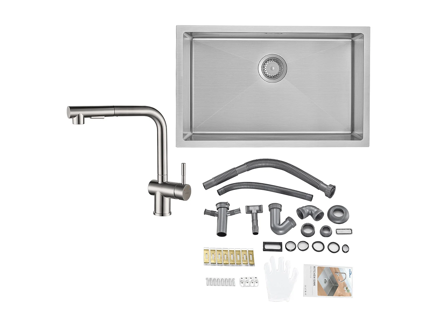 Évier Cuisine 1 Bac 70*44*19CM,à Encastrer/Fleur/Sous-Plan,avec Siphon/Trop-Plein,Brossé+Robinet Cuisine Douchette Extractible Deux Jets Pivotant 360°