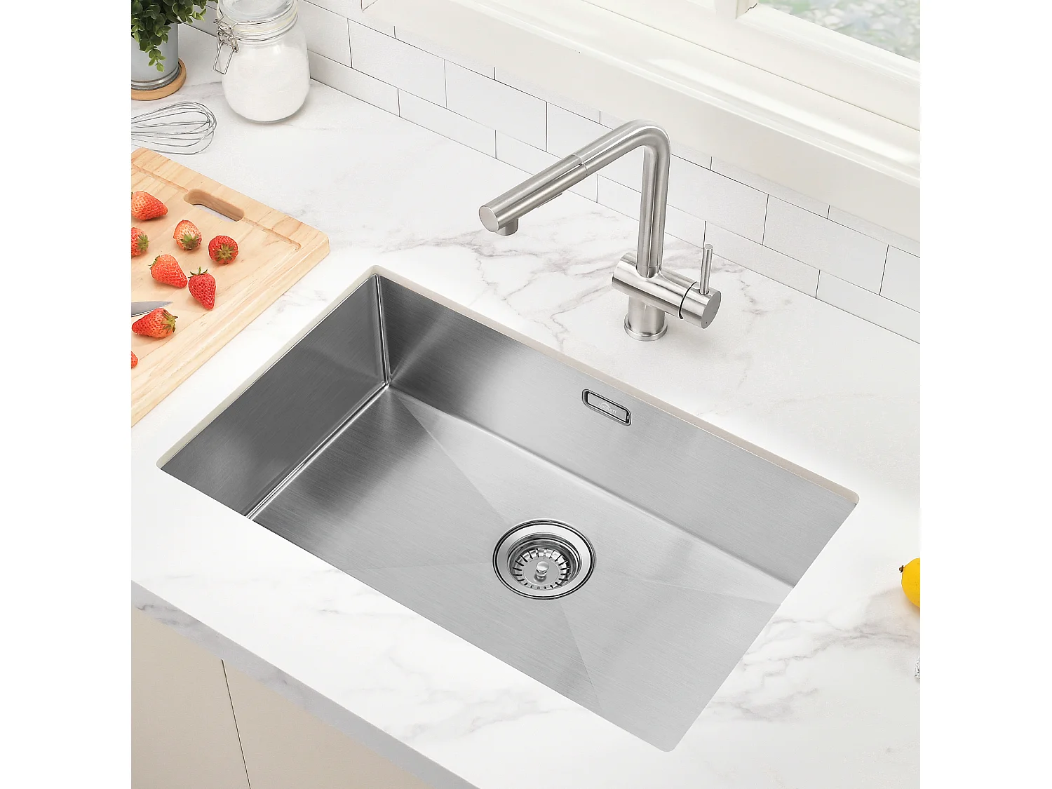 Évier Cuisine 1 Bac 70*44*19CM,à Encastrer/Fleur/Sous-Plan,avec Siphon/Trop-Plein,Brossé+Robinet Cuisine Douchette Extractible Deux Jets Pivotant 360°