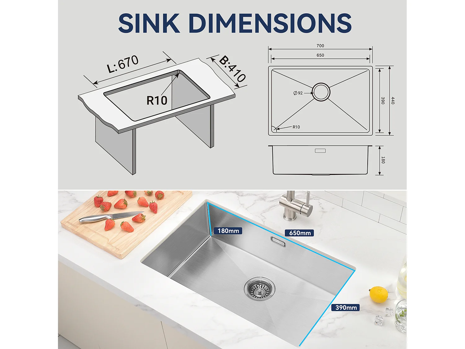 Évier Cuisine 1 Bac 70*44*19CM,à Encastrer/Fleur/Sous-Plan,avec Siphon/Trop-Plein,Brossé+Robinet Cuisine Douchette Extractible Deux Jets Pivotant 360°
