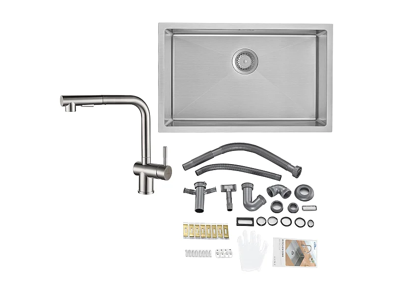 Évier Cuisine 1 Bac 70*44*19CM,à Encastrer/Fleur/Sous-Plan,avec Siphon/Trop-Plein,Brossé+Robinet Cuisine Douchette Extractible Deux Jets Pivotant 360°