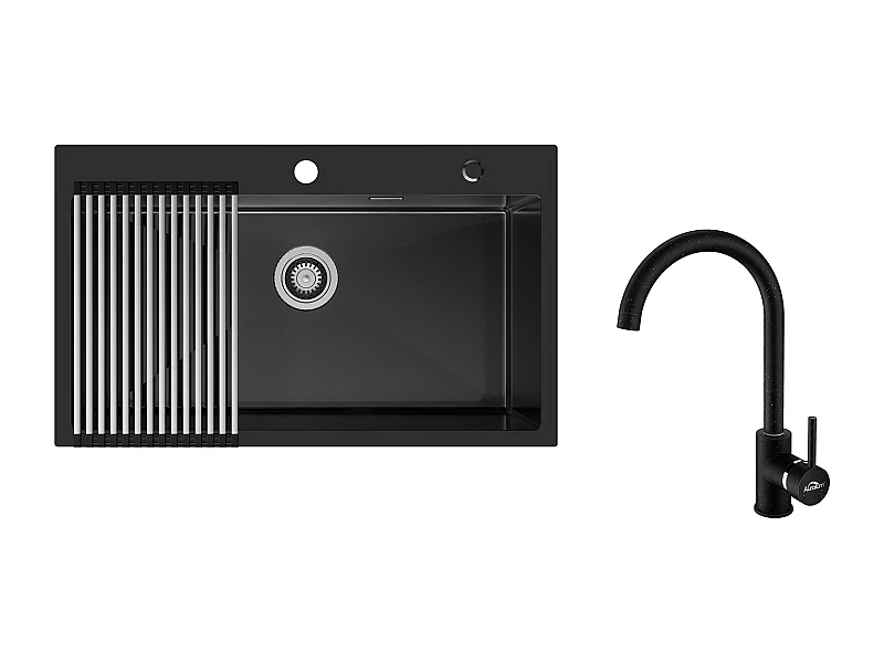 Auralum MAX Évier de Cuisine 1 Bac 75 x 45 cm,Évier Inox Noir avec Égouttoir Pliable+Robinet Cuisine Rotatif 360° Eau Froide et Chaude,Noir