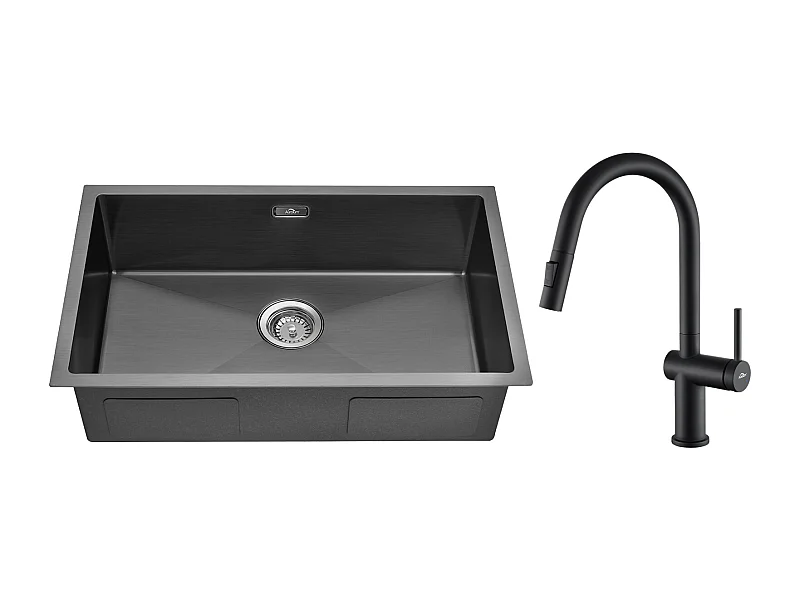 Évier Cuisine 1 Bac 70*44*19CM,à Encastrer/Fleur/Sous-Plan,avec Siphon/Trop-Plein,+robinet de cuisine rétractable à deux fonctions, Noir