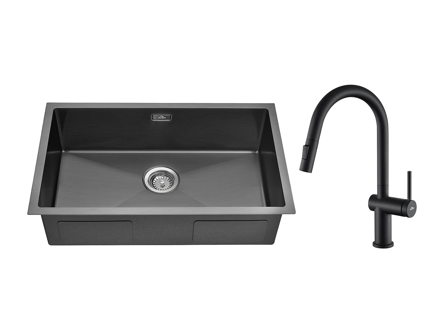 Évier Cuisine 1 Bac 70*44*19CM,à Encastrer/Fleur/Sous-Plan,avec Siphon/Trop-Plein,+robinet de cuisine rétractable à deux fonctions, Noir