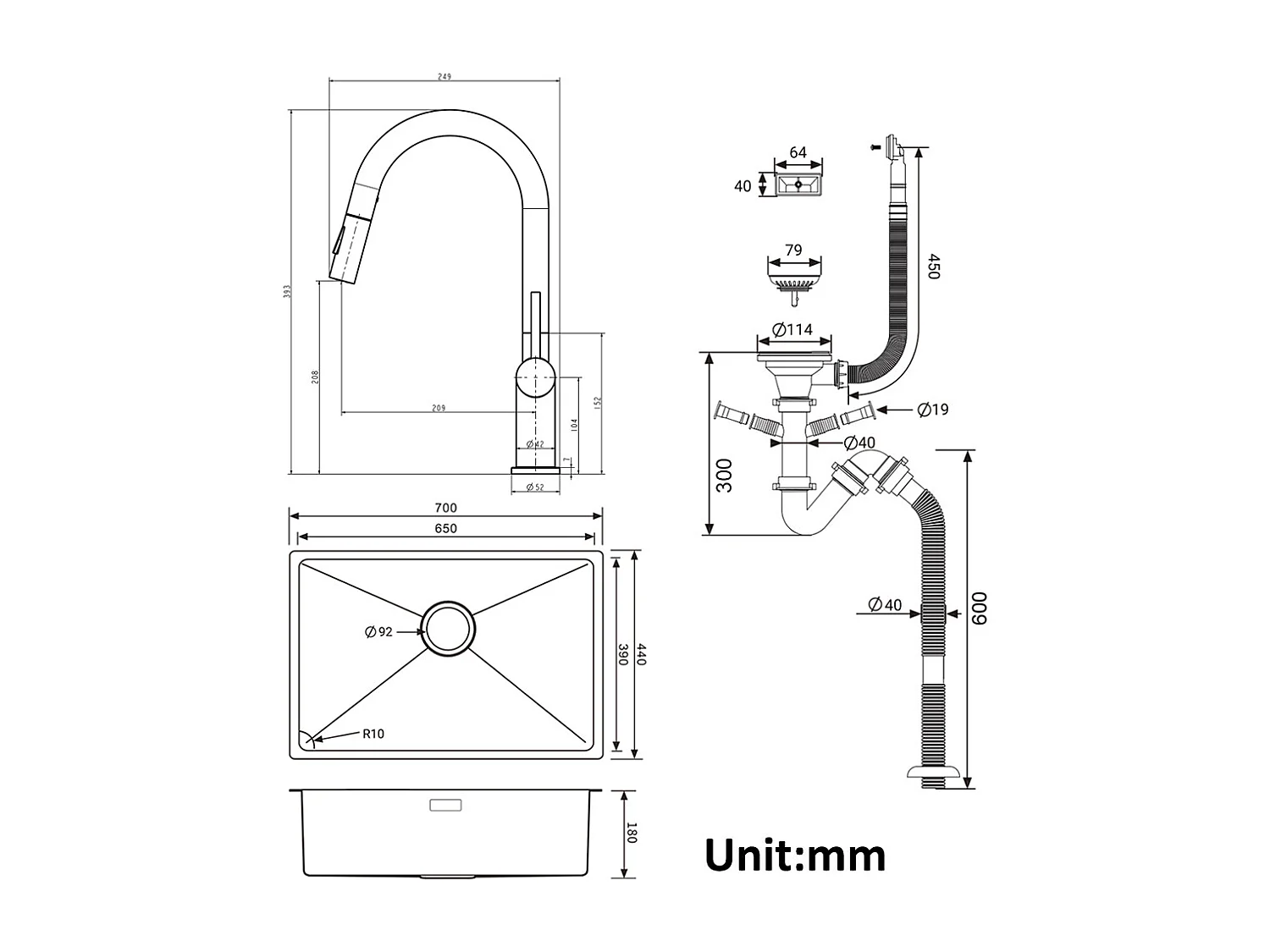 Évier Cuisine 1 Bac 70*44*19CM,à Encastrer/Fleur/Sous-Plan,avec Siphon/Trop-Plein,+robinet de cuisine rétractable à deux fonctions, Noir