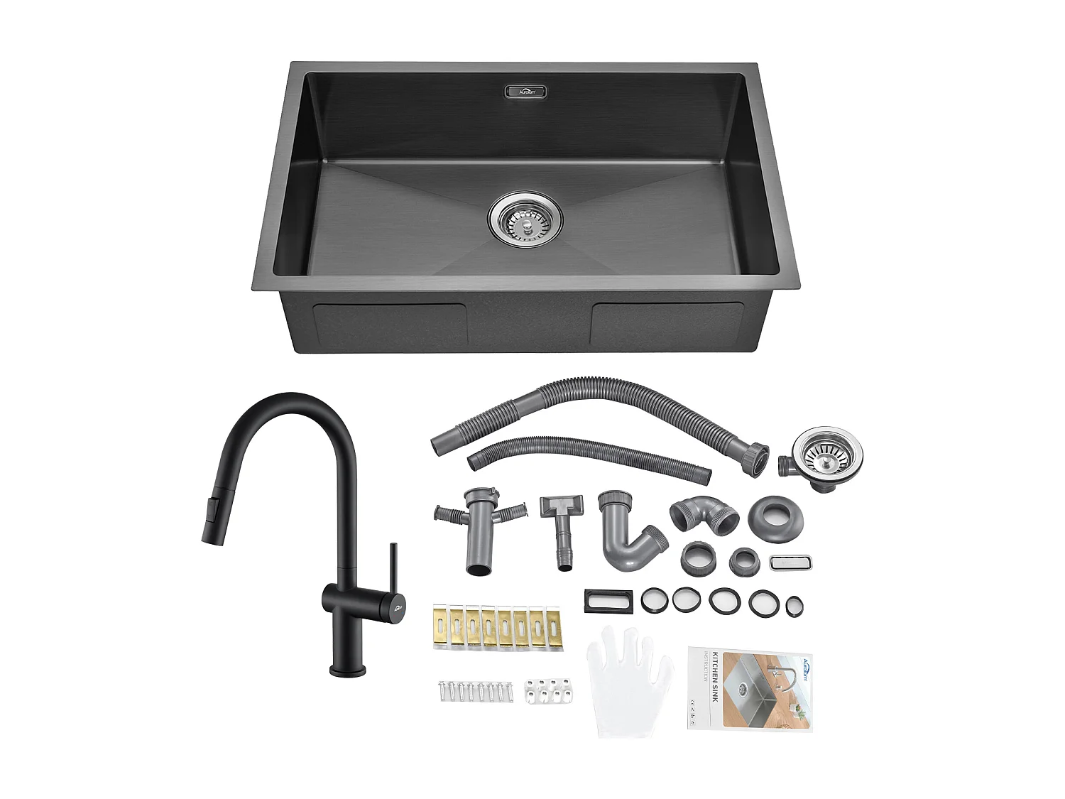 Évier Cuisine 1 Bac 70*44*19CM,à Encastrer/Fleur/Sous-Plan,avec Siphon/Trop-Plein,+robinet de cuisine rétractable à deux fonctions, Noir