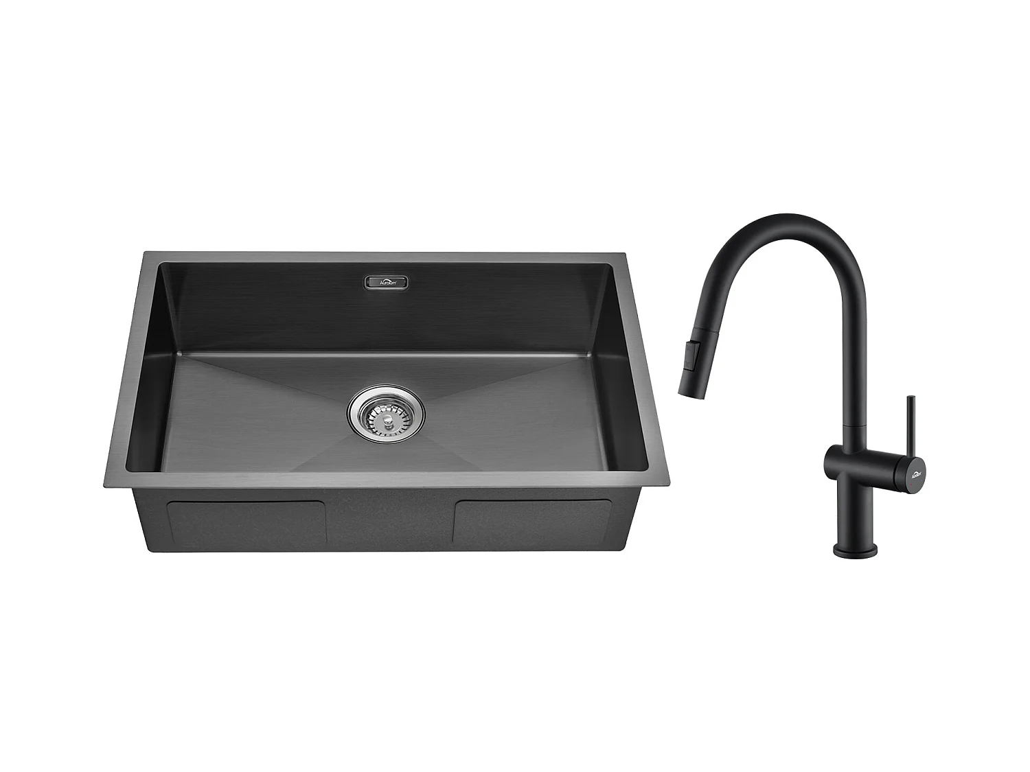 Évier Cuisine 1 Bac 70*44*19CM,à Encastrer/Fleur/Sous-Plan,avec Siphon/Trop-Plein,+robinet de cuisine rétractable à deux fonctions, Noir