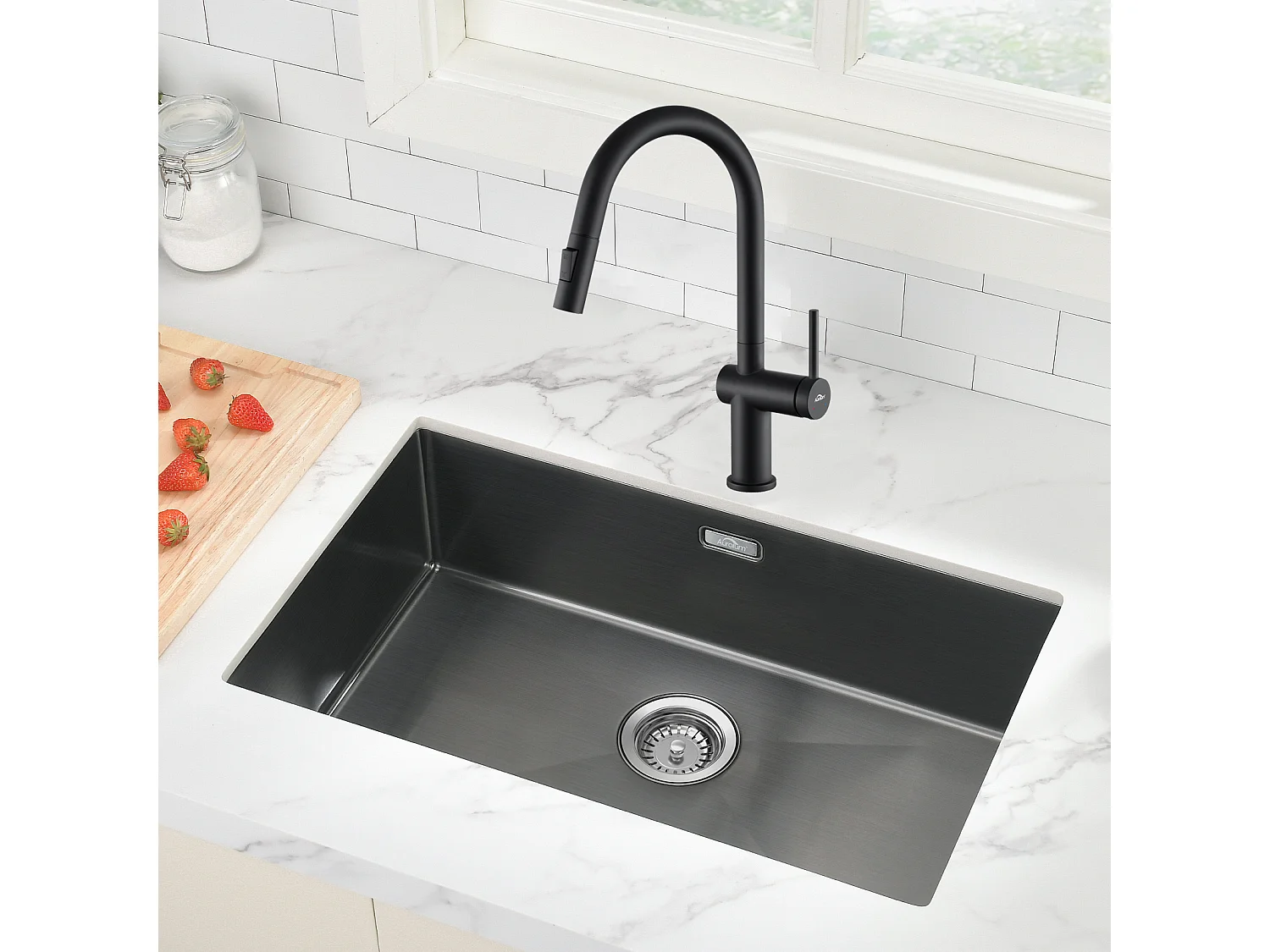 70 * 44 * 19 cm Einzelbecken-Küchenspüle, Einbau-/Blumen-/Unterbauspüle, mit Siphon/Überlauf, + ausziehbarer Küchenarmatur mit zwei Funktionen, schwarz