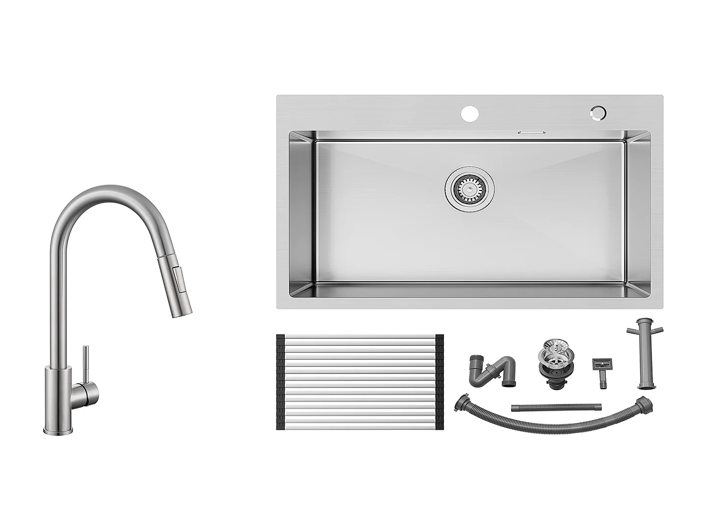 Auralum MAX Lavello Cucina 1 Vasca Inox Spazzolato75*45*19CM-Lavello con Scolapiatti pieghevole+Miscelatore Cucina con Doccia Estensibile,Spazzolato