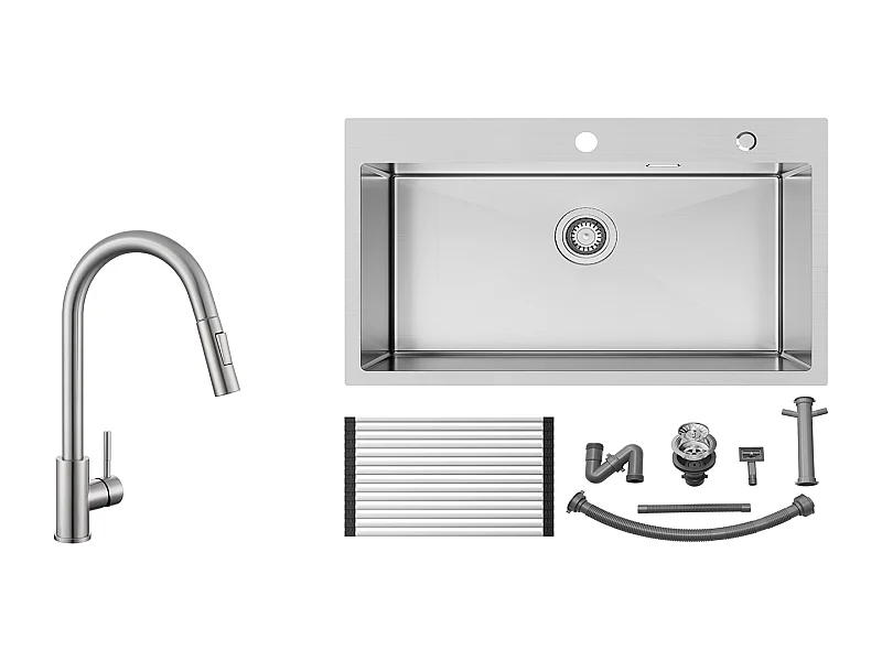 Auralum MAX Évier Cuisine 1 Cuve Inox Brossé75*45*19CM-Évier avec Égouttoir pliable+Mitigeur Cuisine avec Douchette Extensible,2 Modes,Brossé