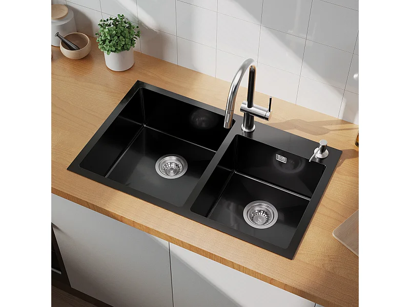 AuraLumMax Fregadero empotrado/de colocación 2 Bandejas con Distribuidor de jabón y Conjunto drenaje,Fregadero 75x45x19cm Inoxidable,Negro,Modelo UE