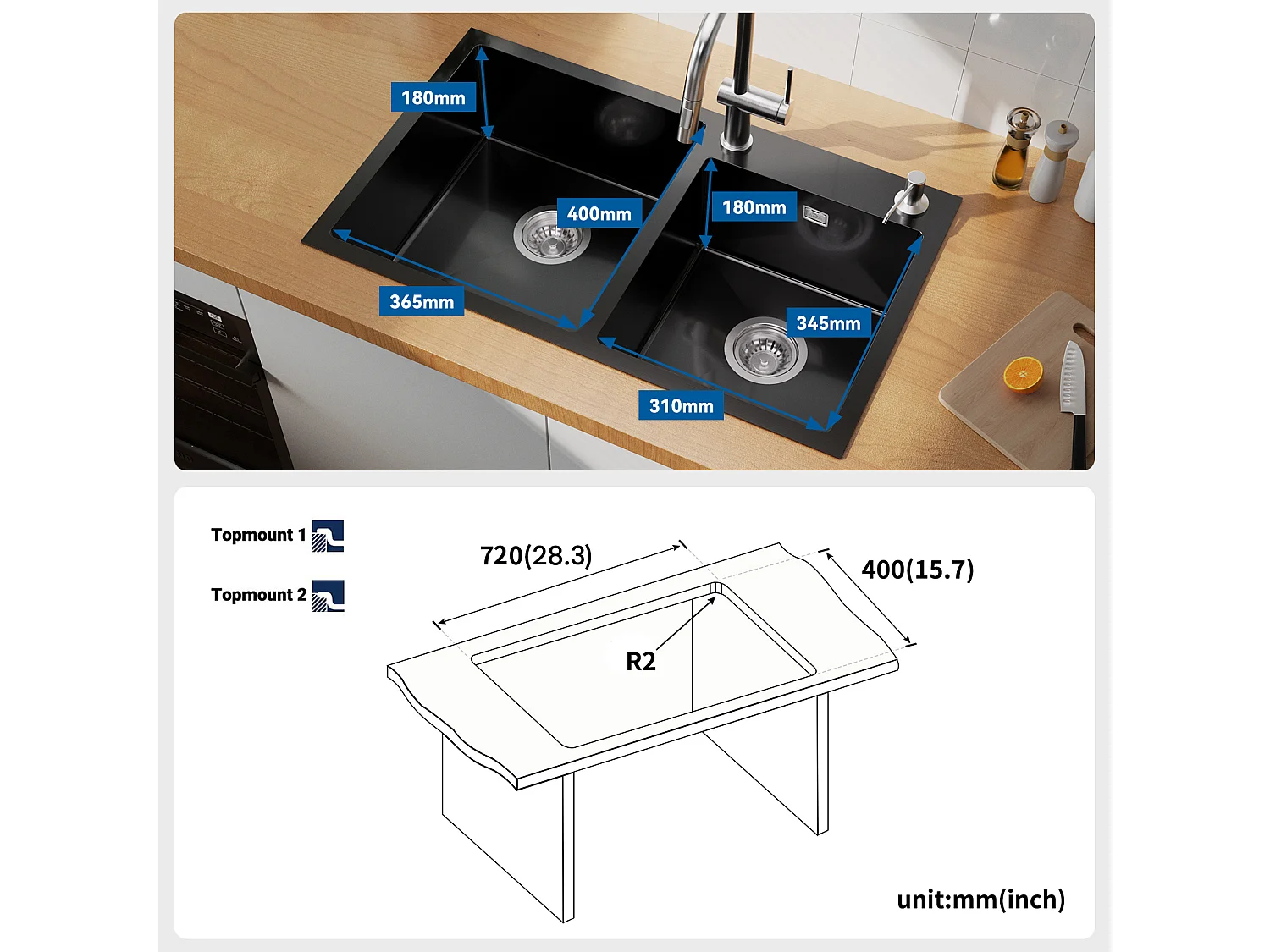 AuraLumMax Fregadero empotrado/de colocación 2 Bandejas con Distribuidor de jabón y Conjunto drenaje,Fregadero 75x45x19cm Inoxidable,Negro,Modelo UE