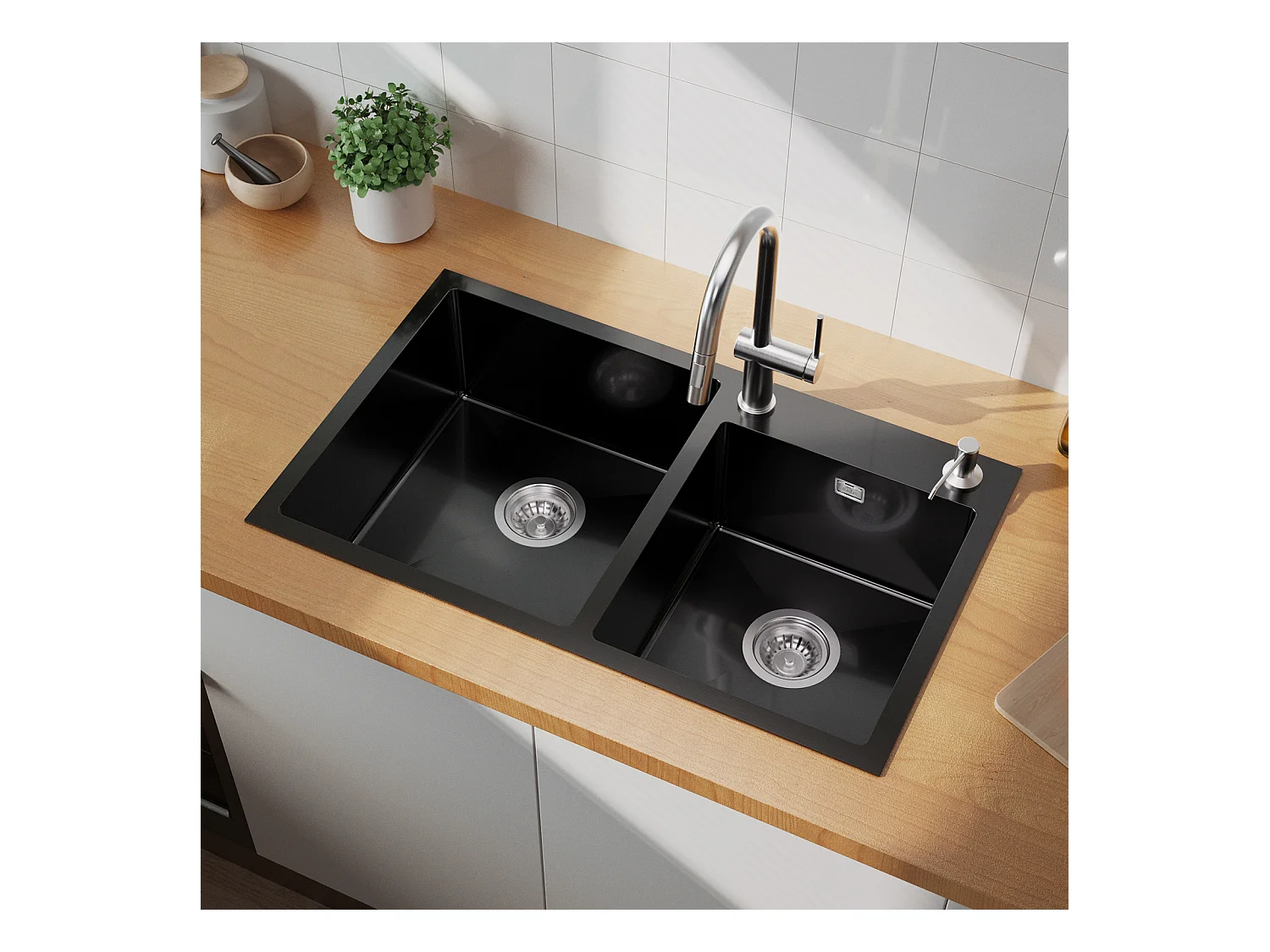 AuraLum Max Évier à Encastré/à Poser 2 Bacs avec Distrubuteur de savon/Ensemble de drainage,Évier 75x45x19cm Inoxydable pour Cuisine,Noir,EU Modèle