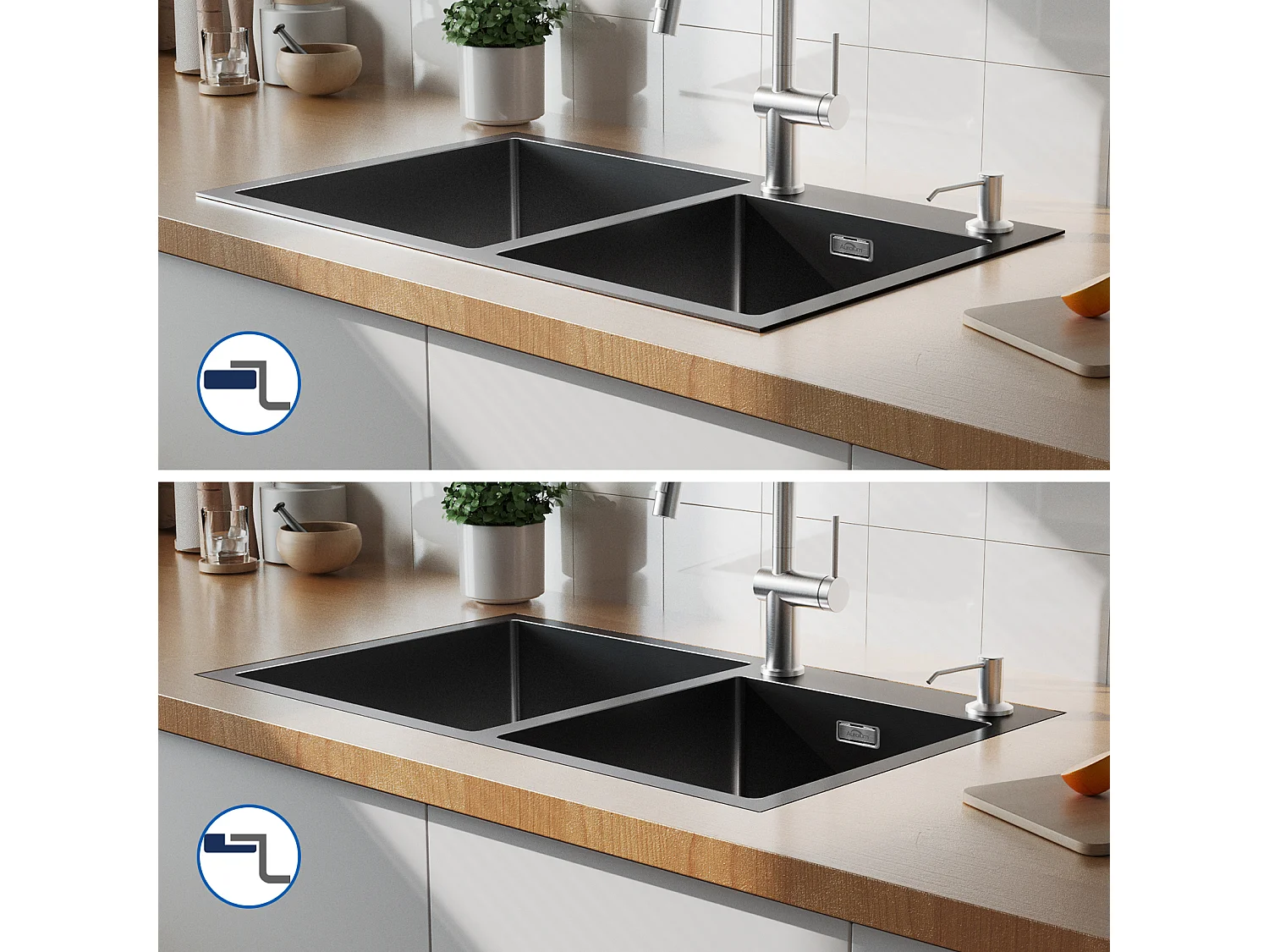 AuraLum Max GootsteenInbouw/opzet 2 bakken met zeepdistructor/afvoerset, gootsteen 75x45x19cm roestvrij voor keuken, zwart, EU model