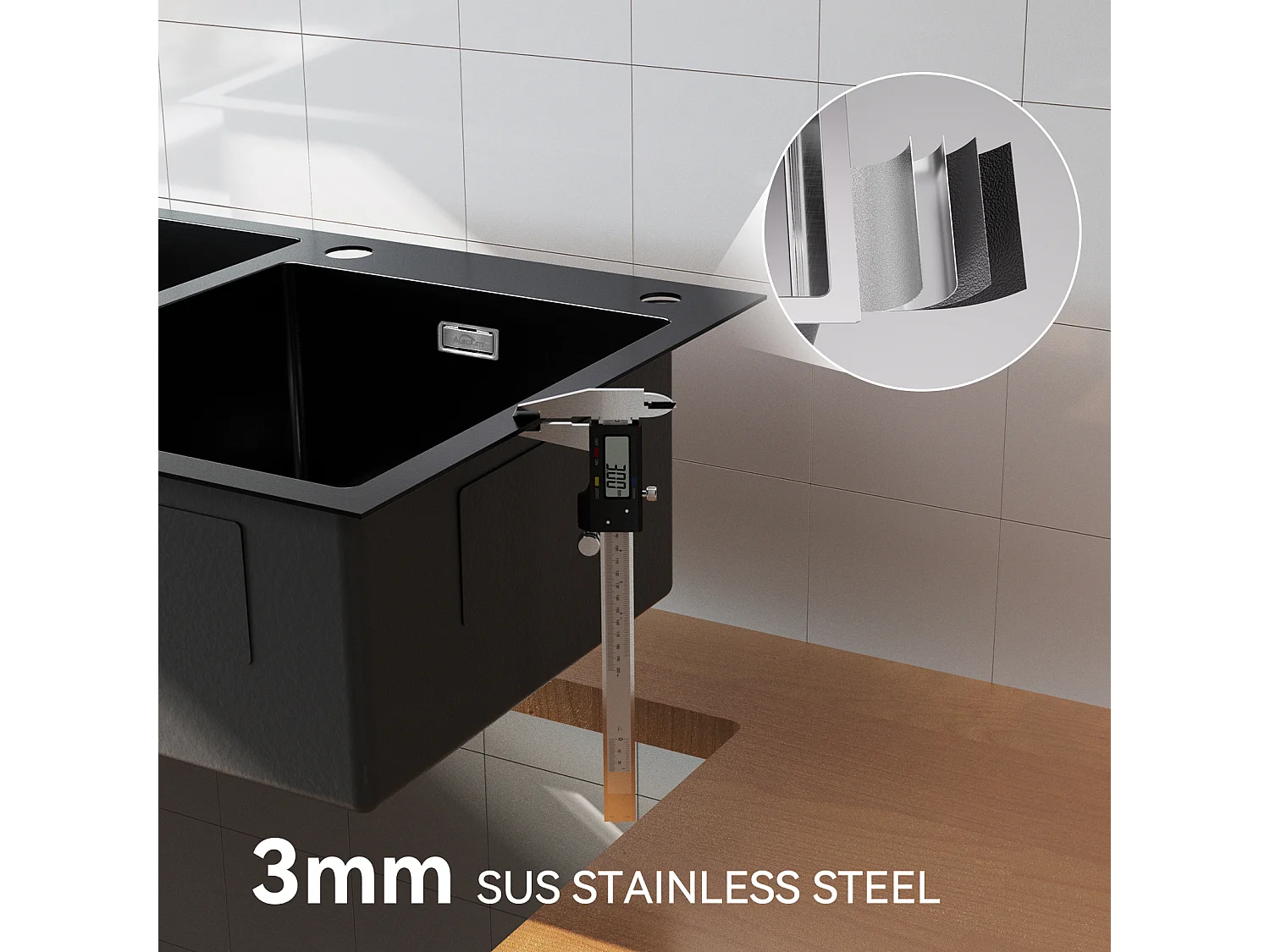 AuraLum Max GootsteenInbouw/opzet 2 bakken met zeepdistructor/afvoerset, gootsteen 75x45x19cm roestvrij voor keuken, zwart, EU model