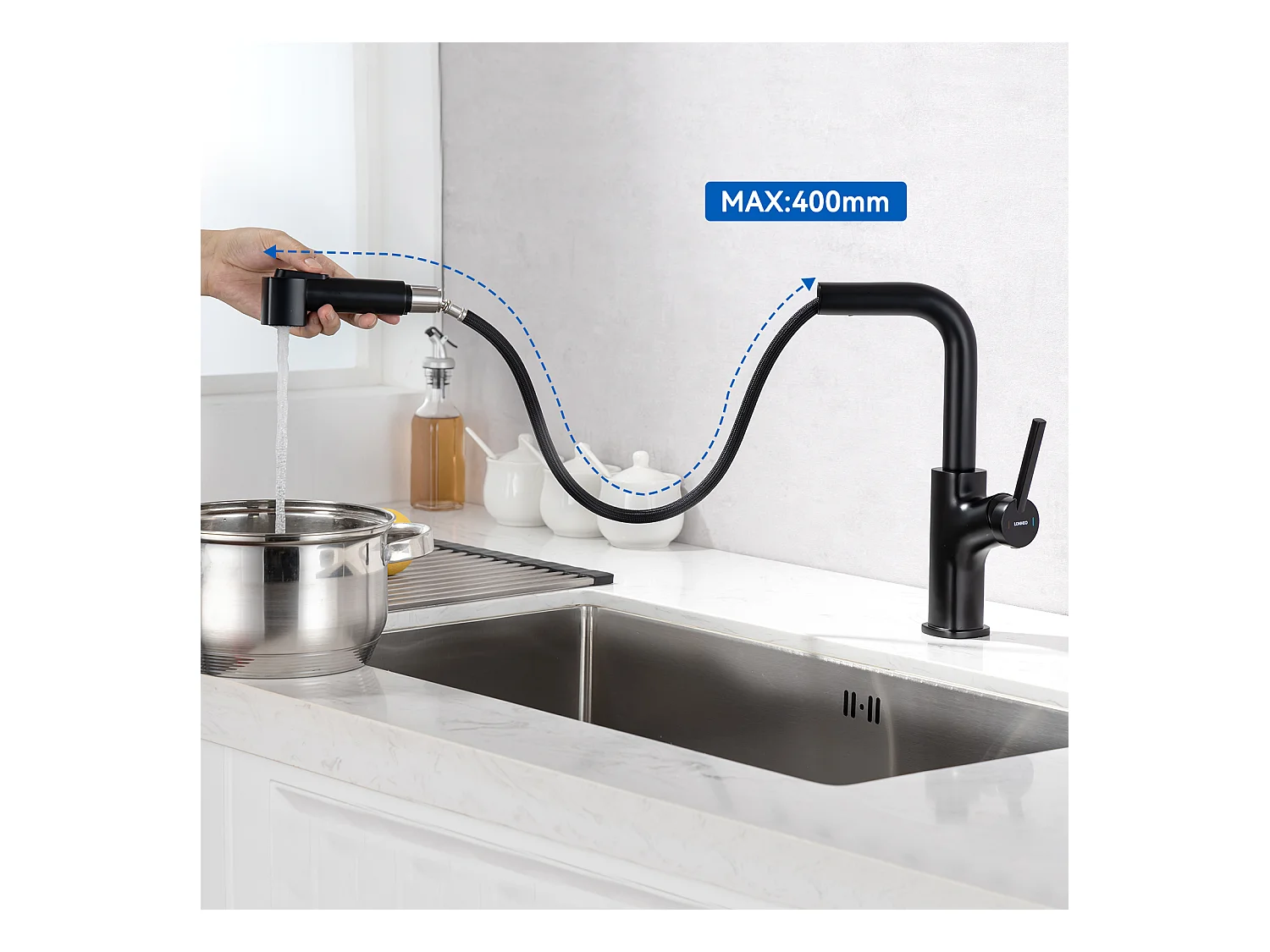 2 en 1 Évier de Cuisine 2 Bac 75x45x19cm,Encastré/ à Poser avec Distributeur de Savon+ Robinet de Cuisine Noir avec Douchette Extractible