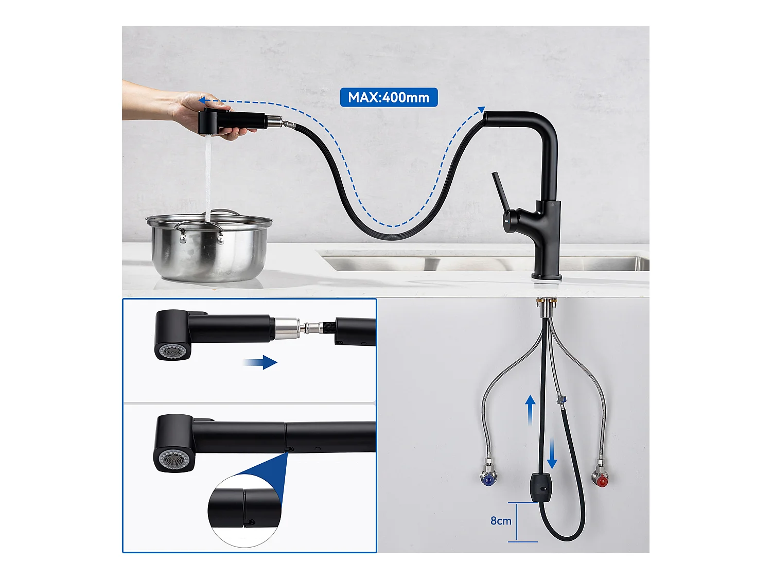 2 en 1 Évier de Cuisine 2 Bac 75x45x19cm,Encastré/ à Poser avec Distributeur de Savon+ Robinet de Cuisine Noir avec Douchette Extractible