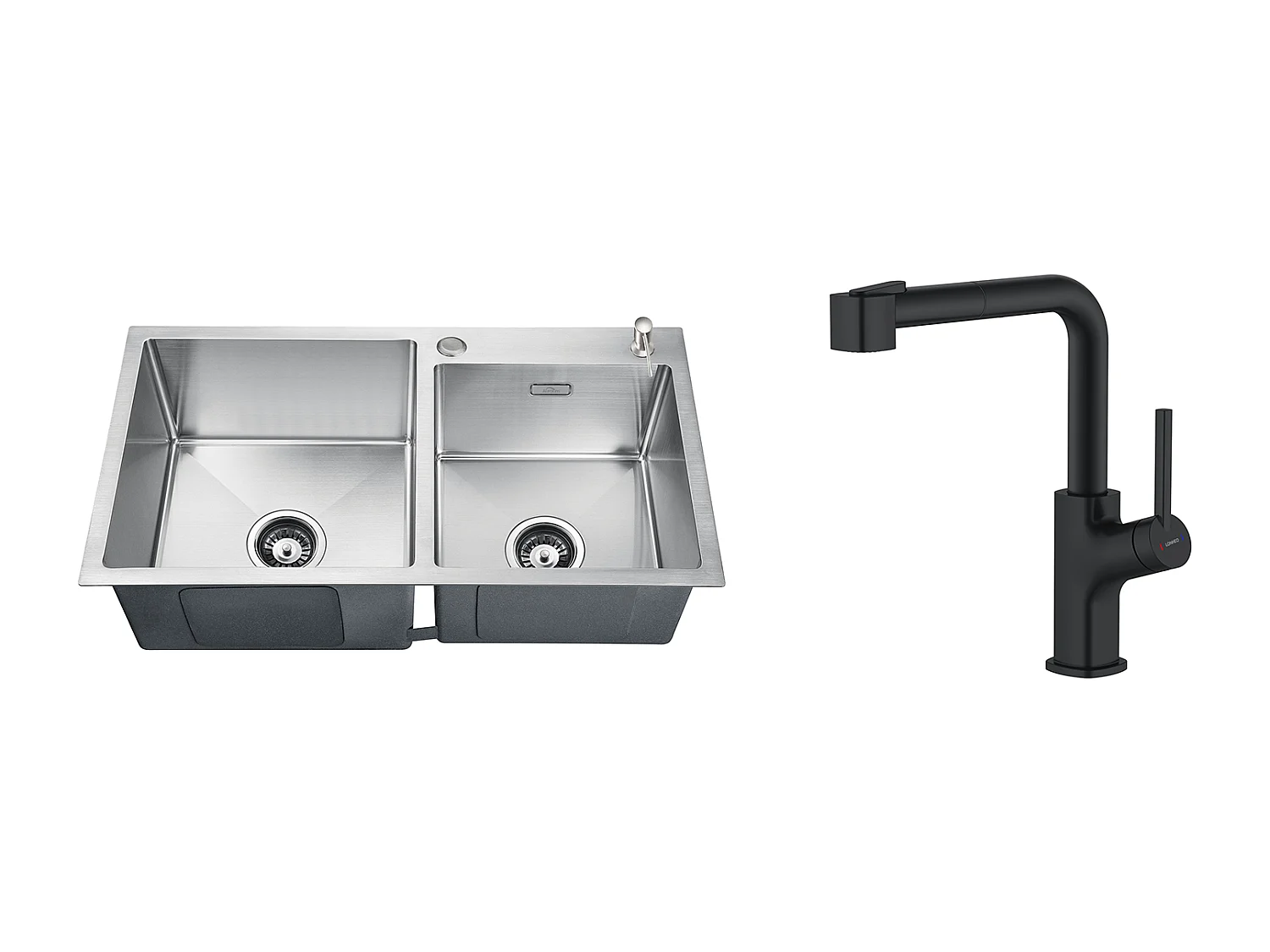 2 en 1 Évier de Cuisine 2 Bac 75x45x19cm,Encastré/ à Poser avec Distributeur de Savon+ Robinet de Cuisine Noir avec Douchette Extractible