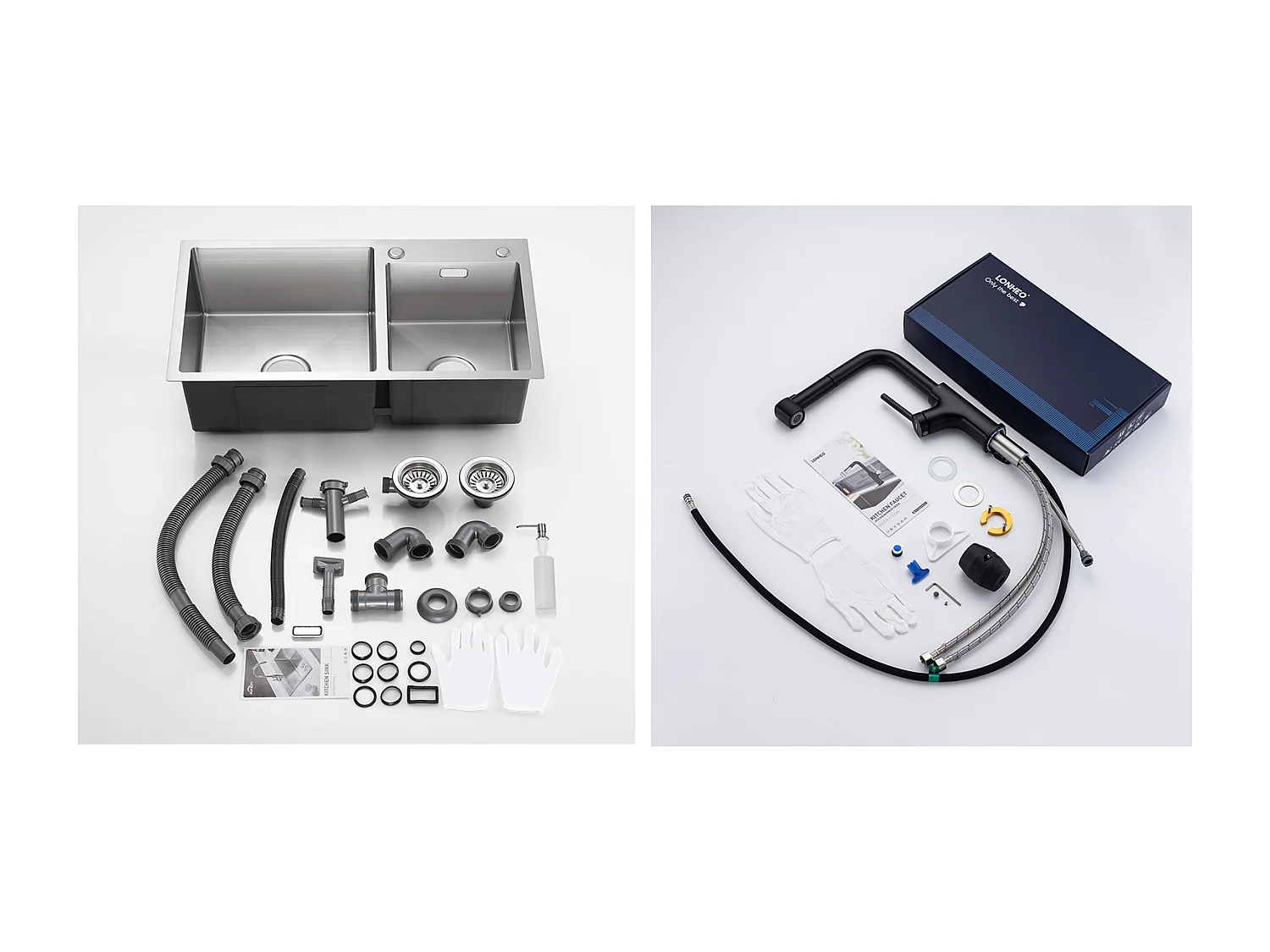 2-in-1-Küchenspüle, 2 Becken, 75 x 45 x 19 cm, Einbau-/Aufsatzspüle mit Seifenspender + schwarzer Küchenhahn mit ausziehbarer Brause
