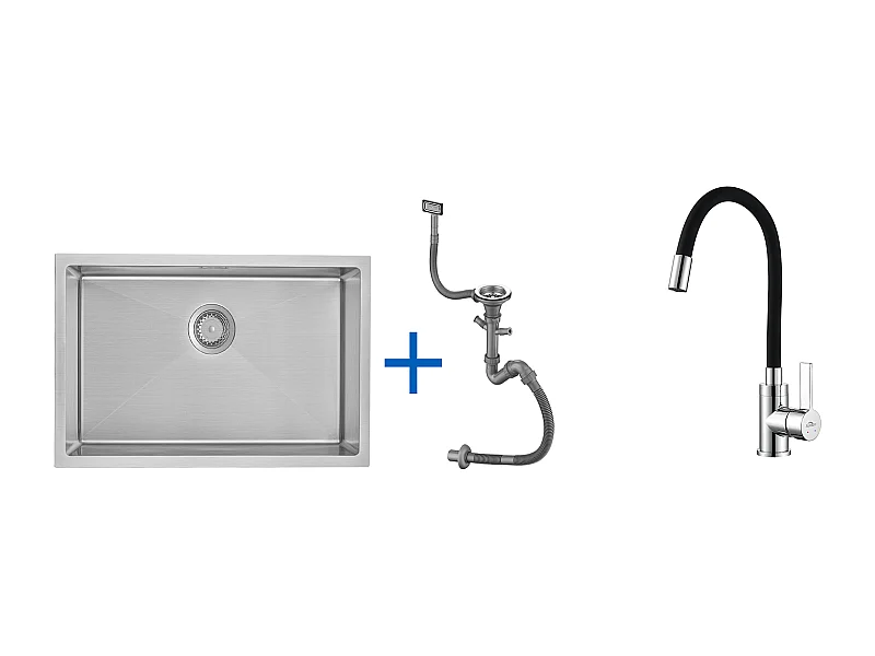 Évier Cuisine 1 Bac 70*44*19CM,à Encastrer/Fleur/Sous-Plan,avec Siphon/Trop-Plein,Brossé+Robinet de Cuisine Flexible Bec Haut Orientable