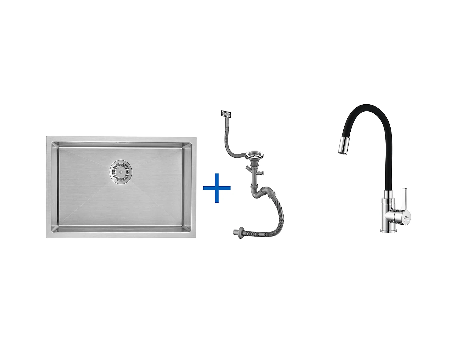 Évier Cuisine 1 Bac 70*44*19CM,à Encastrer/Fleur/Sous-Plan,avec Siphon/Trop-Plein,Brossé+Robinet de Cuisine Flexible Bec Haut Orientable