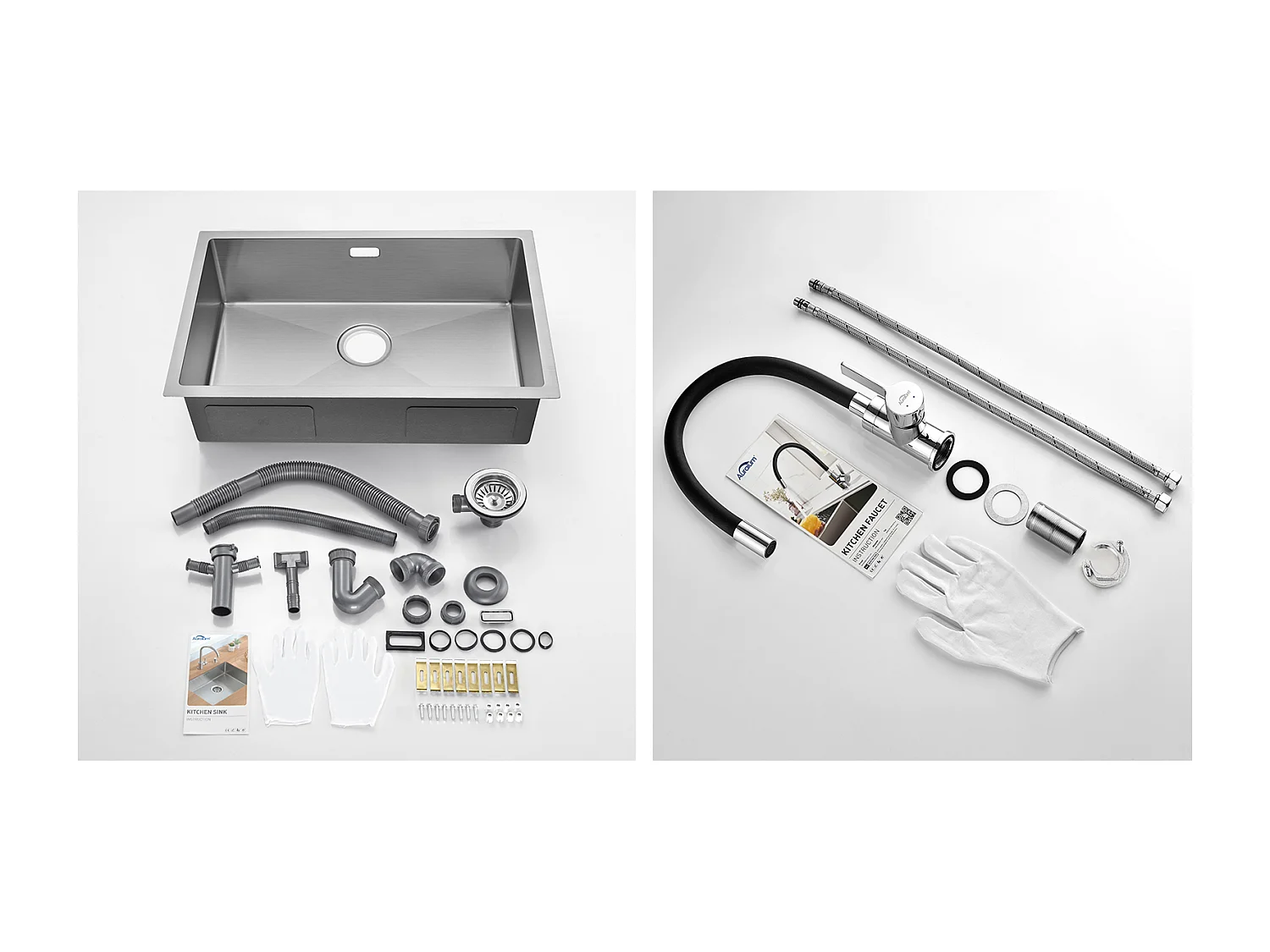 Évier Cuisine 1 Bac 70*44*19CM,à Encastrer/Fleur/Sous-Plan,avec Siphon/Trop-Plein,Brossé+Robinet de Cuisine Flexible Bec Haut Orientable