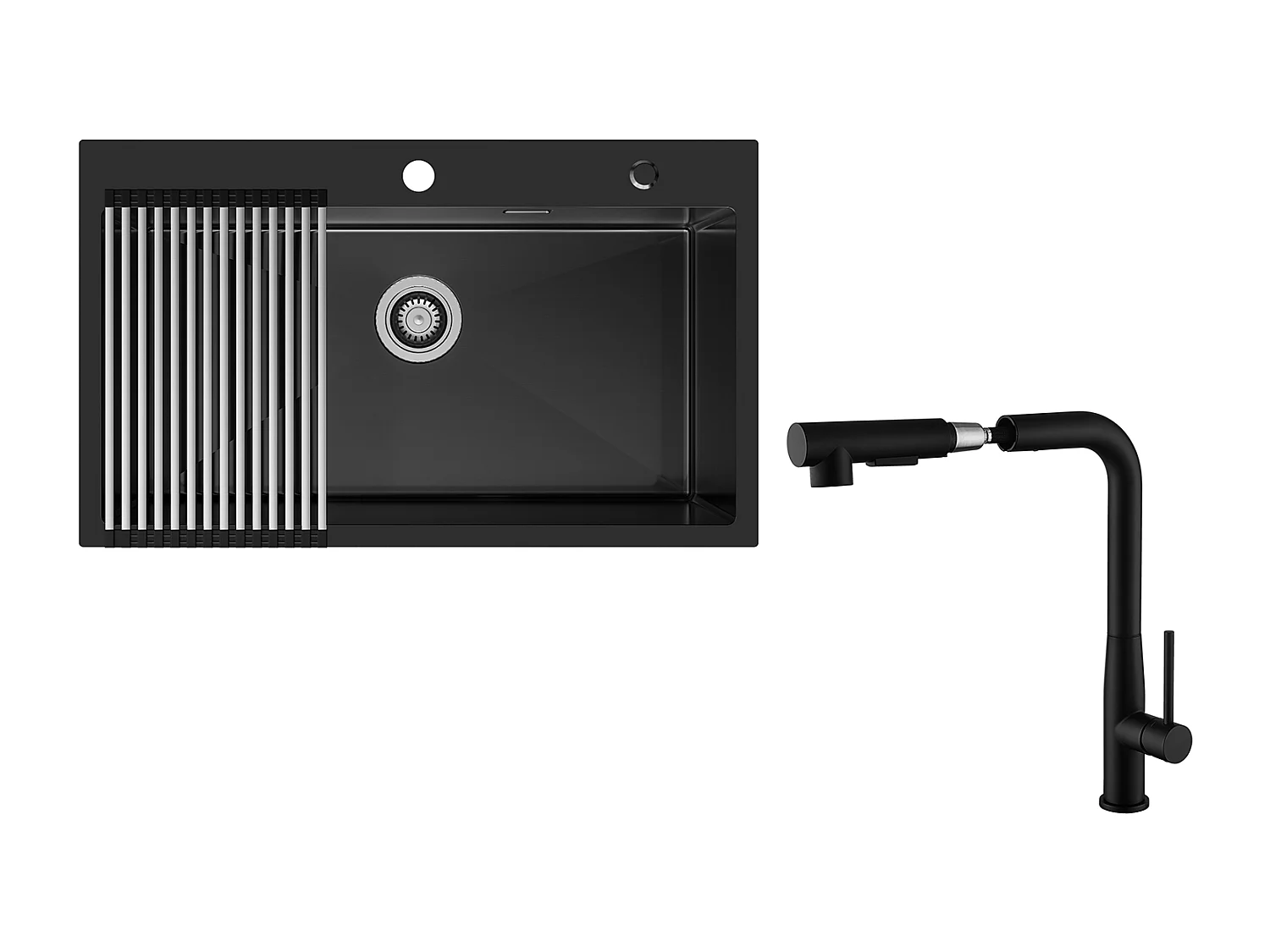 Auralum MAX Évier de Cuisine 1 Bac 75 x 45 cm,Évier Inox Noir avec Égouttoir Pliable+Robinet Cuisine avec Douchette Extractible,Rotatif 360°,Noir