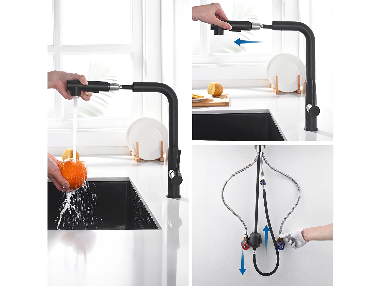 Auralum MAX Évier de Cuisine 1 Bac 75 x 45 cm,Évier Inox Noir avec Égouttoir Pliable+Robinet Cuisine avec Douchette Extractible,Rotatif 360°,Noir