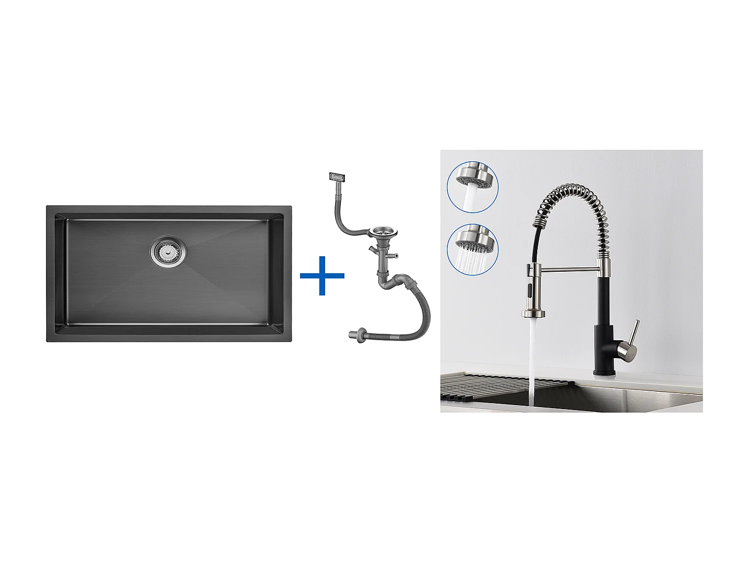 Évier Cuisine 1 Bac 70*44*19CM,à Encastrer/Fleur/Sous-Plan,avec Siphon/Trop-Plein,+Robinet Cuisine Ressort avec Douchette Extensible,2 Modes,Noir