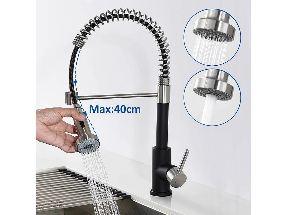 Évier Cuisine 1 Bac 70*44*19CM,à Encastrer/Fleur/Sous-Plan,avec Siphon/Trop-Plein,+Robinet Cuisine Ressort avec Douchette Extensible,2 Modes,Noir