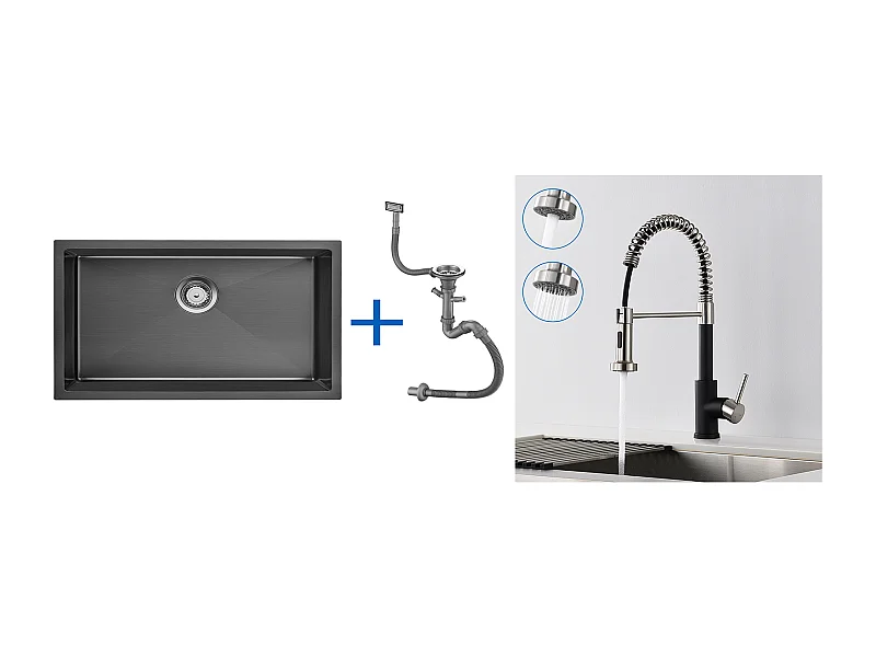 Évier Cuisine 1 Bac 70*44*19CM,à Encastrer/Fleur/Sous-Plan,avec Siphon/Trop-Plein,+Robinet Cuisine Ressort avec Douchette Extensible,2 Modes,Noir