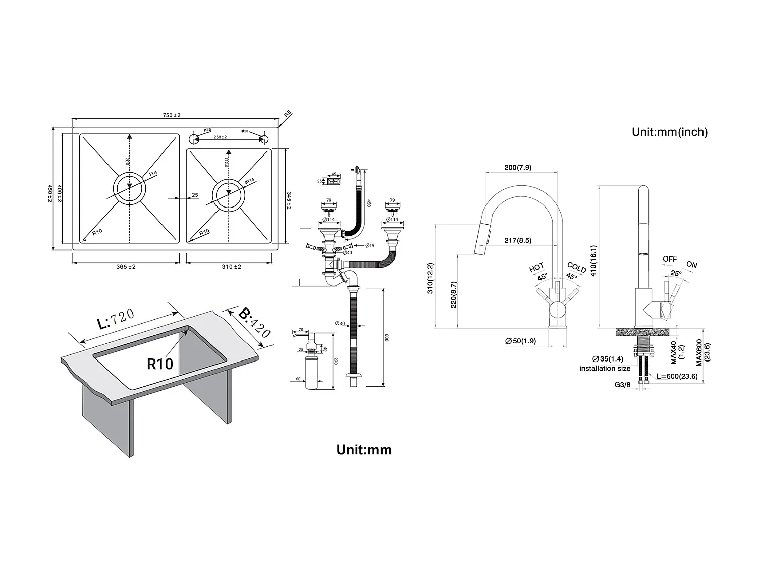 2 en 1 Évier de Cuisine 2 Bac 75x45x19cm,Encastré/ à Poser avec Distributeur de Savon+Robinet de Cuisine Noir,  Inox Extractible Rotatif à 360