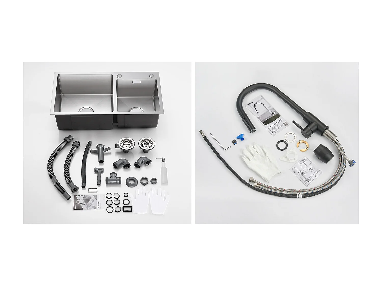 2 en 1 Évier de Cuisine 2 Bac 75x45x19cm,Encastré/ à Poser avec Distributeur de Savon+Robinet de Cuisine Noir,  Inox Extractible Rotatif à 360