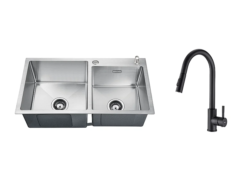 2 en 1 Évier de Cuisine 2 Bac 75x45x19cm,Encastré/ à Poser avec Distributeur de Savon+Robinet de Cuisine Noir,  Inox Extractible Rotatif à 360