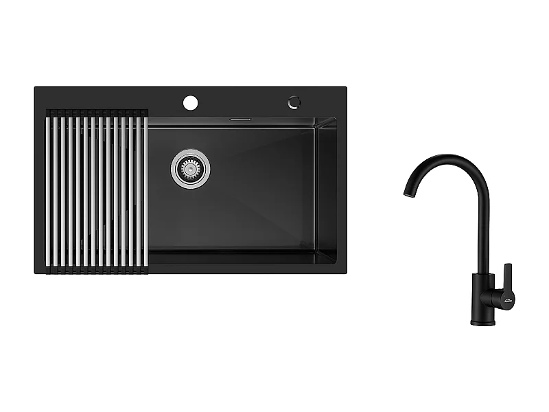 Auralum MAX Évier de Cuisine 1 Bac 75 x 45 cm,Évier Inox Noir avec Égouttoir Pliable+Mitigeur Cuisine Pivotant à 360°,Barboteur Démontable,Noir