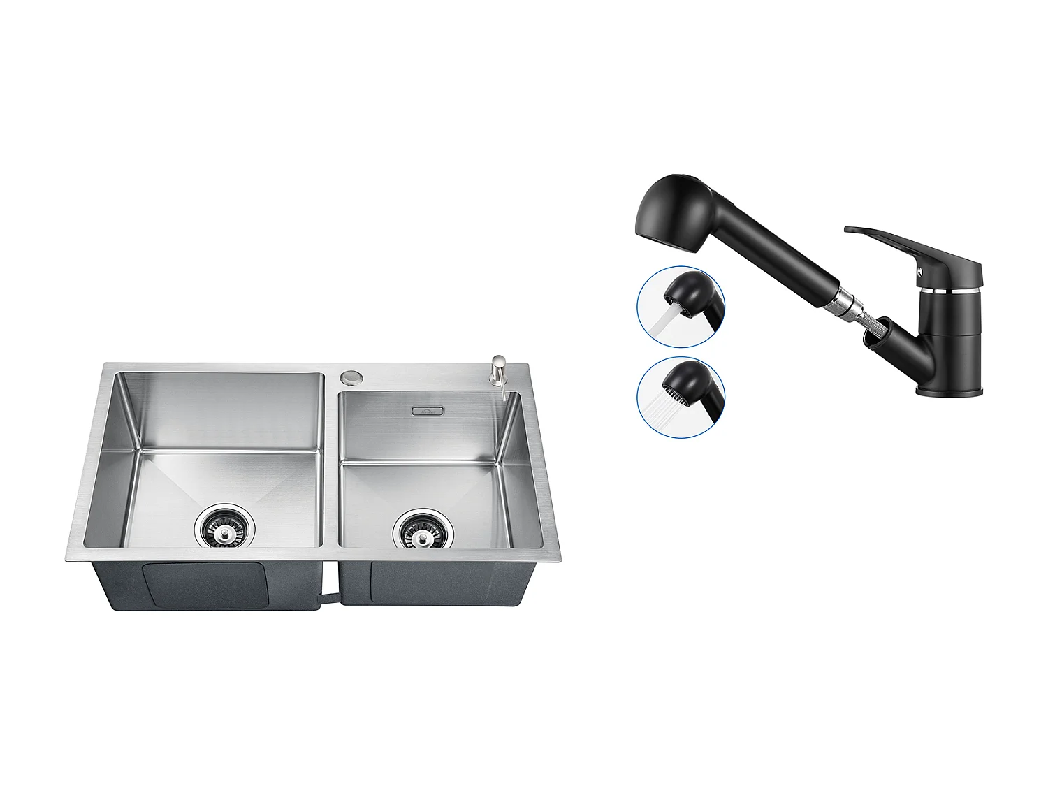 Évier Cuisine 2 Bac 75x45x19cm,Encastré/ à Poser avec Distributeur de Savon+Robinet Cuisine Noir avec Douchette Extractible 2 Jets à 360°