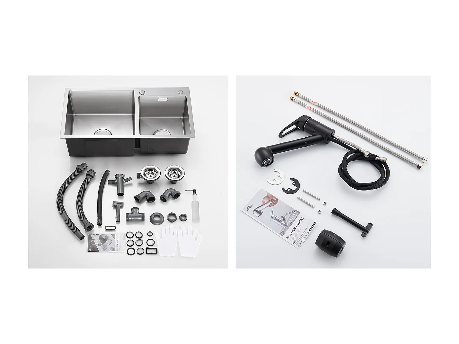 Évier Cuisine 2 Bac 75x45x19cm,Encastré/ à Poser avec Distributeur de Savon+Robinet Cuisine Noir avec Douchette Extractible 2 Jets à 360°