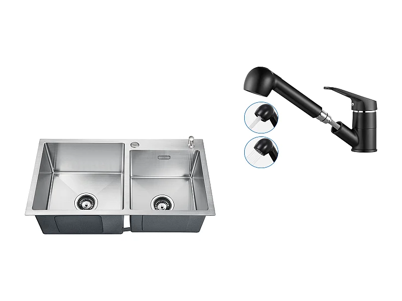 Évier Cuisine 2 Bac 75x45x19cm,Encastré/ à Poser avec Distributeur de Savon+Robinet Cuisine Noir avec Douchette Extractible 2 Jets à 360°