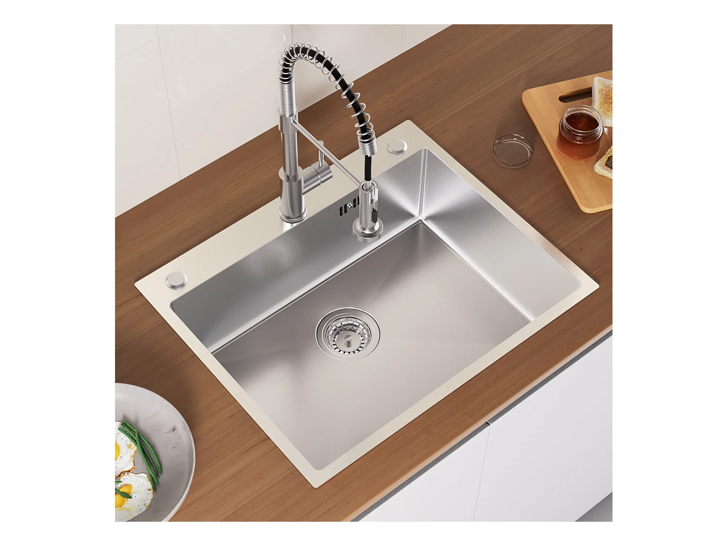 Auralum max Évier de Cuisine à Encastrer,1 Bac,60*49*20CM,Évier 1 Cuve en Acier inoxydable 304,Silver