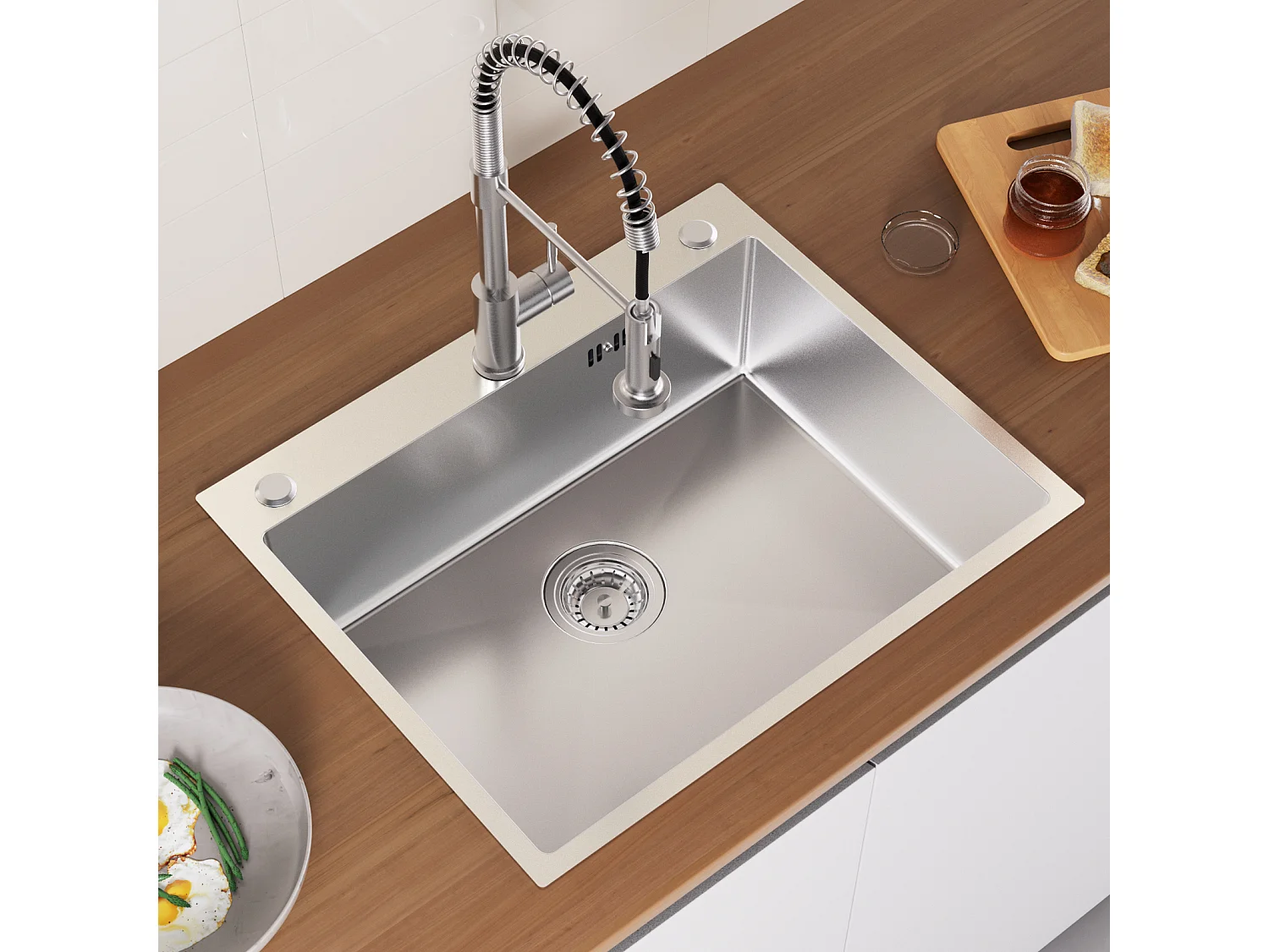 Auralum max Évier de Cuisine à Encastrer,1 Bac,60*49*20CM,Évier 1 Cuve en Acier inoxydable 304,Silver