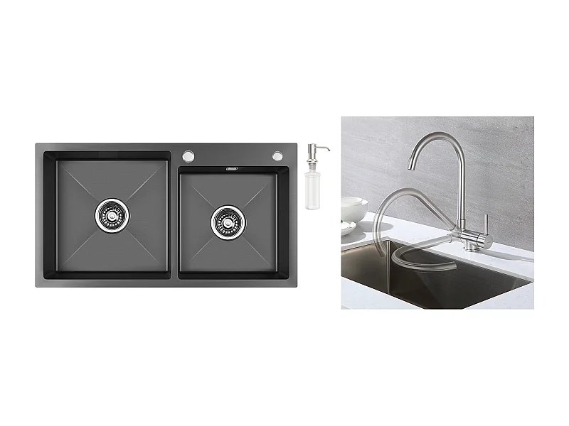 2 en 1 Évier de Cuisine 2 Bac Noir, 75x45x19cm, Encastré/ à Poser avec Distributeur de Savon+Mitigeur Cuisine Rabattable Pivotant à 360°