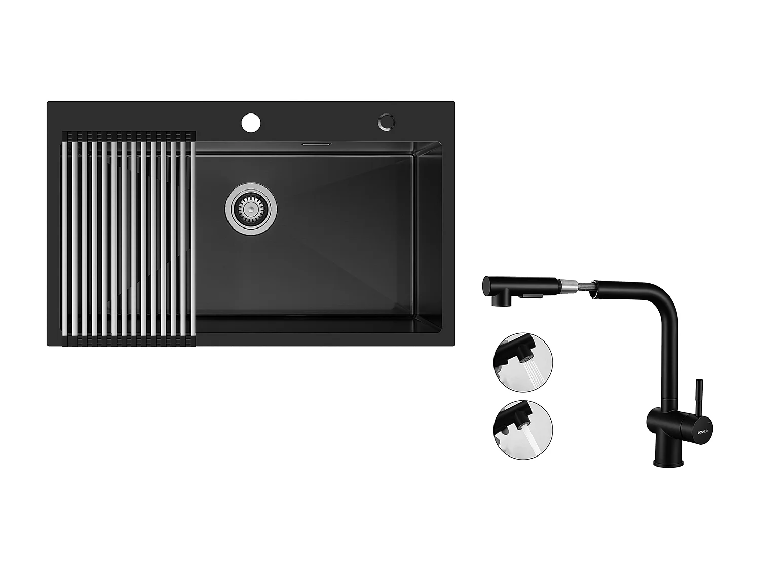 Auralum MAX Aanrecht 1 Bak 75 x 45 cm, Zwarte RVS Spoelbak met Opvouwbare Afdruiprek+Kraan Keukenkraan Uittrekbare Handdouche Twee Jets Draaibaar 360°,Zwart