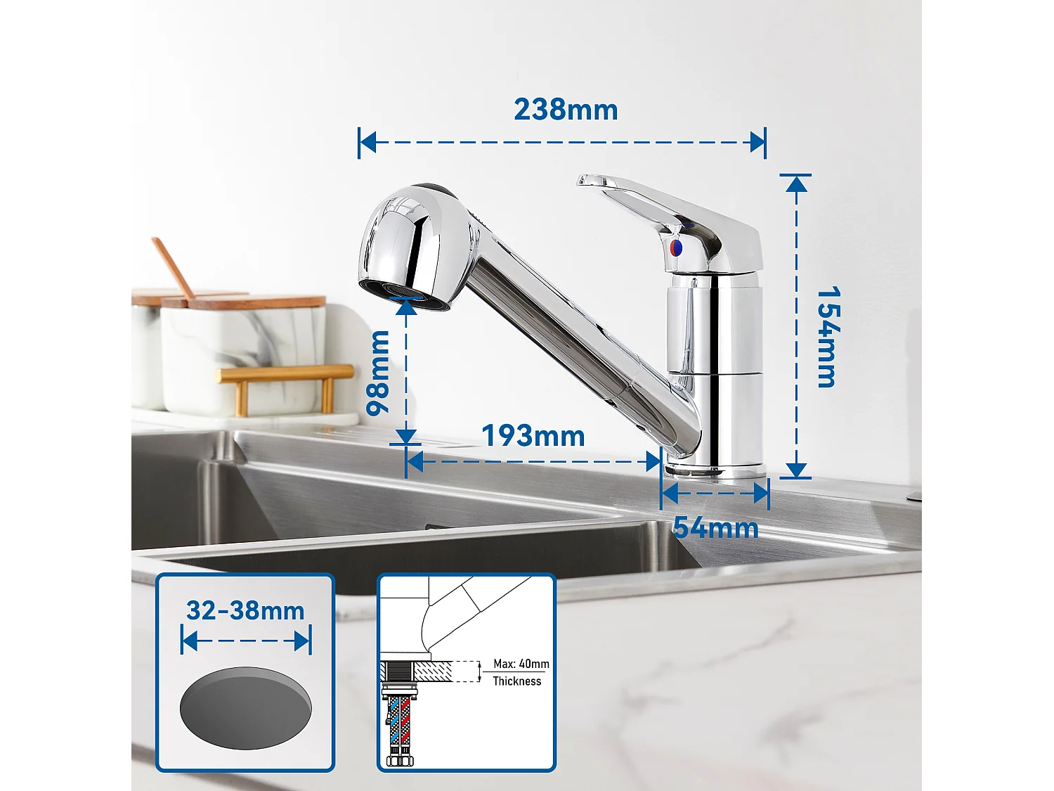 Auralum MAX Aanrecht 1 Bak Geborsteld RVS75*45*19CM-Spoelbak met opvouwbare afdruiprek+keukenmengkraan met uittrekbare douche, verchroomd