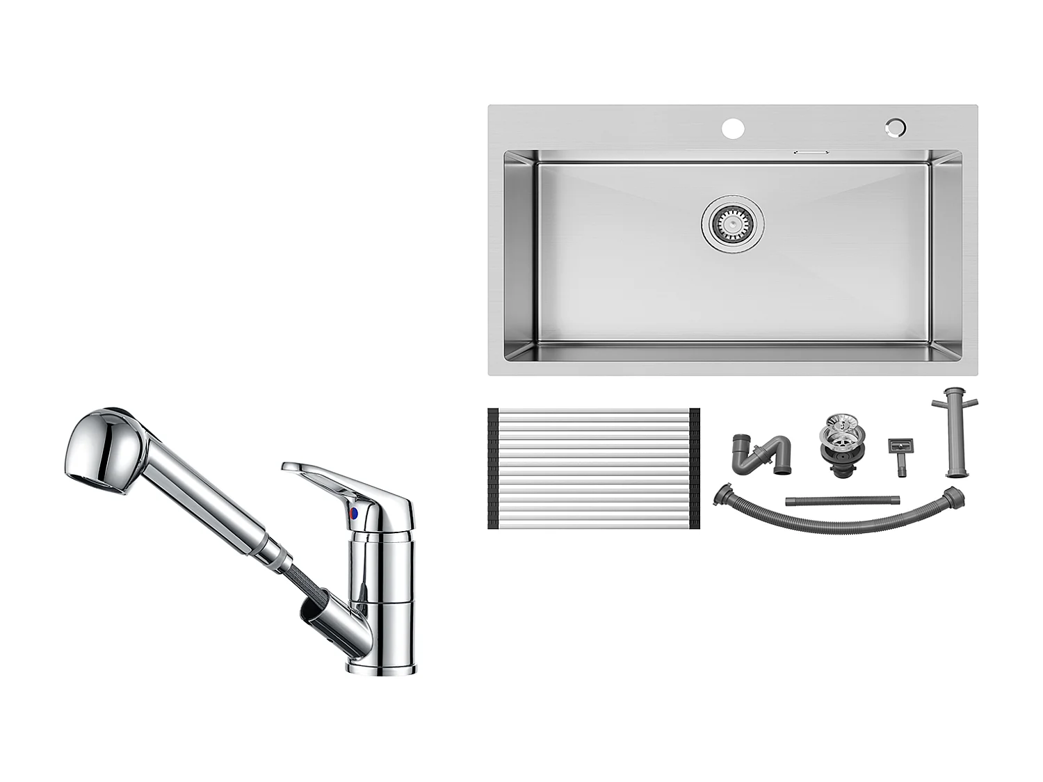 Auralum MAX Évier Cuisine 1 Cuve Inox Brossé75*45*19CM-Évier avec Égouttoir pliable+Mitigeur de Cuisine avec Douchette Extractible,Chromé