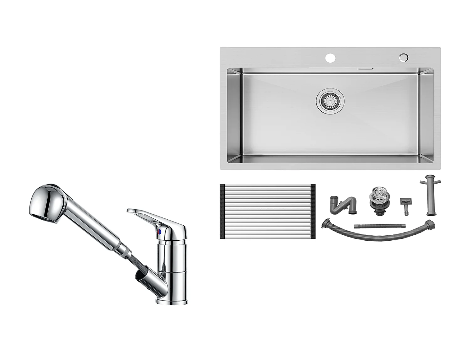 Auralum MAX Évier Cuisine 1 Cuve Inox Brossé75*45*19CM-Évier avec Égouttoir pliable+Mitigeur de Cuisine avec Douchette Extractible,Chromé