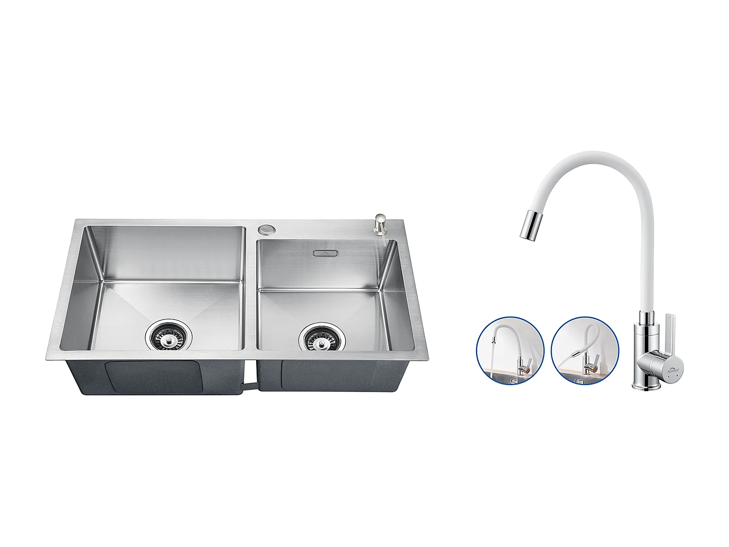 2en1 Évier Cuisine 2Bac 75x45x19cm,Encastré/ à Poser avec Distributeur de Savon+Robinet Cuisine Flexible Bec Haut Orientable Librement,Blanc