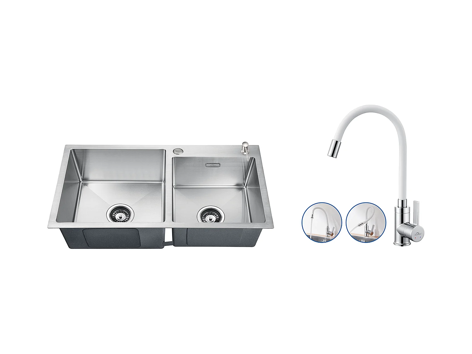 2en1 Évier Cuisine 2Bac 75x45x19cm,Encastré/ à Poser avec Distributeur de Savon+Robinet Cuisine Flexible Bec Haut Orientable Librement,Blanc