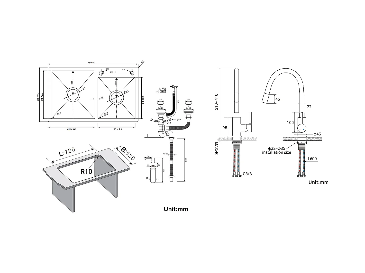 2en1 Évier Cuisine 2Bac 75x45x19cm,Encastré/ à Poser avec Distributeur de Savon+Robinet Cuisine Flexible Bec Haut Orientable Librement,Blanc