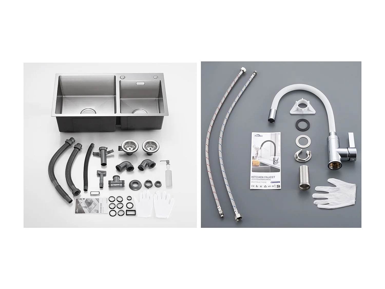 2en1 Évier Cuisine 2Bac 75x45x19cm,Encastré/ à Poser avec Distributeur de Savon+Robinet Cuisine Flexible Bec Haut Orientable Librement,Blanc