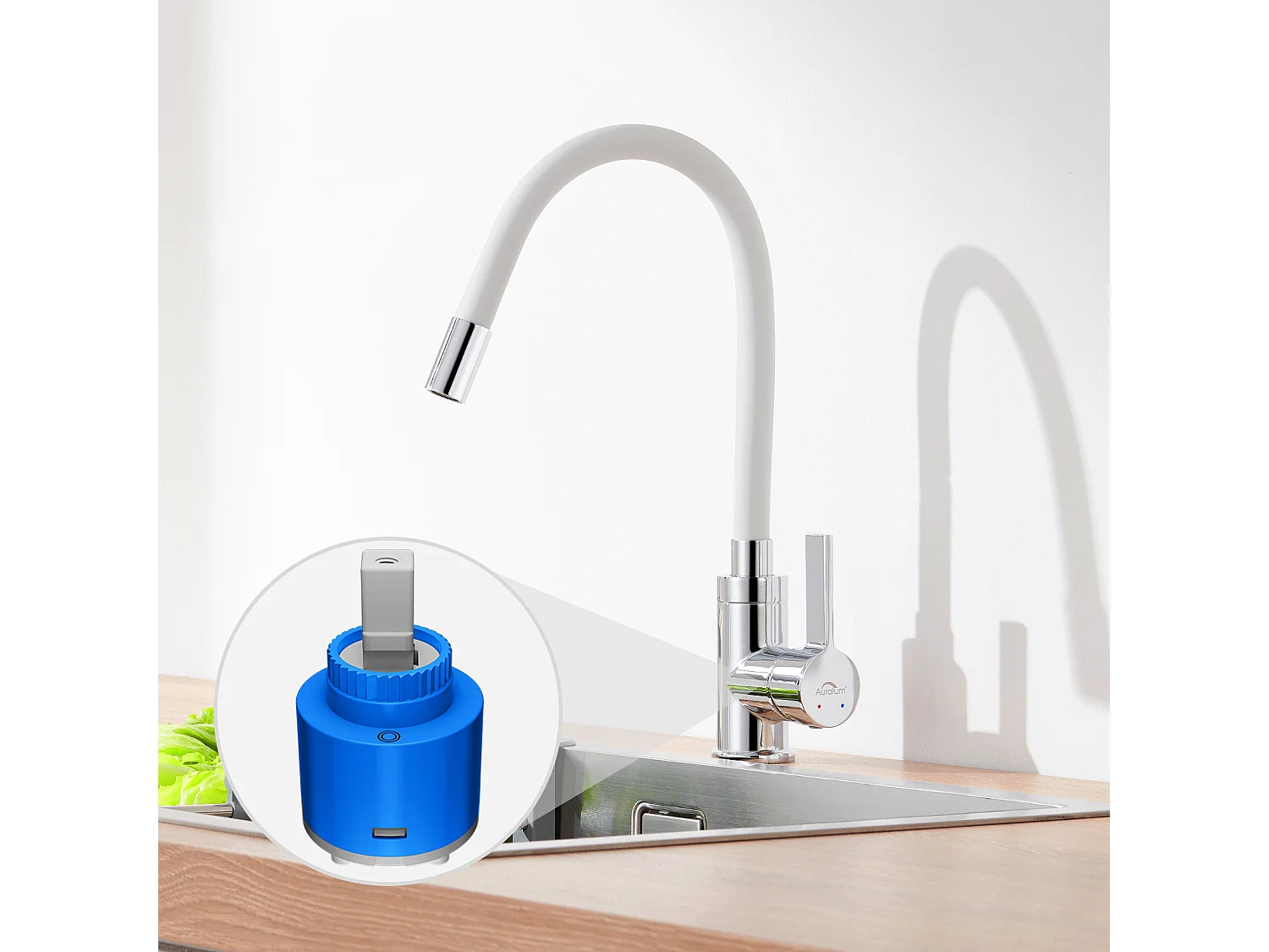 2en1 Évier Cuisine 2Bac 75x45x19cm,Encastré/ à Poser avec Distributeur de Savon+Robinet Cuisine Flexible Bec Haut Orientable Librement,Blanc