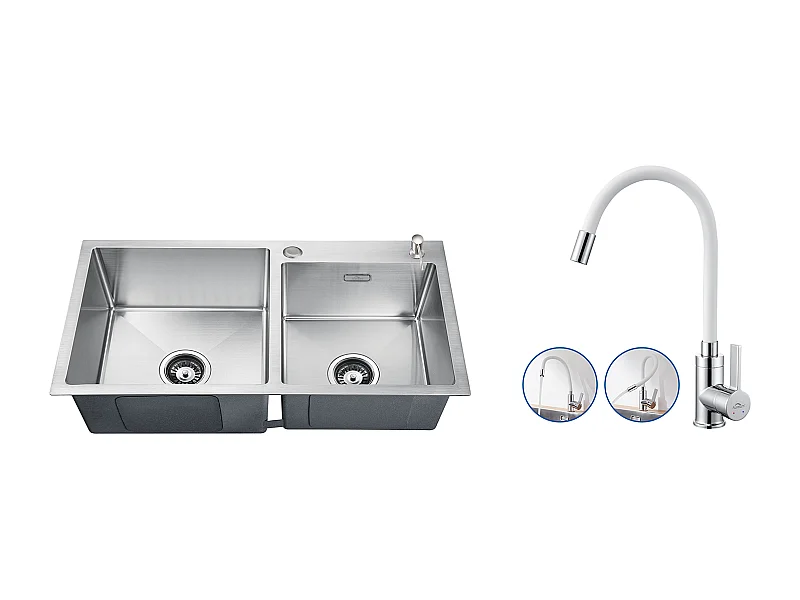 2en1 Évier Cuisine 2Bac 75x45x19cm,Encastré/ à Poser avec Distributeur de Savon+Robinet Cuisine Flexible Bec Haut Orientable Librement,Blanc